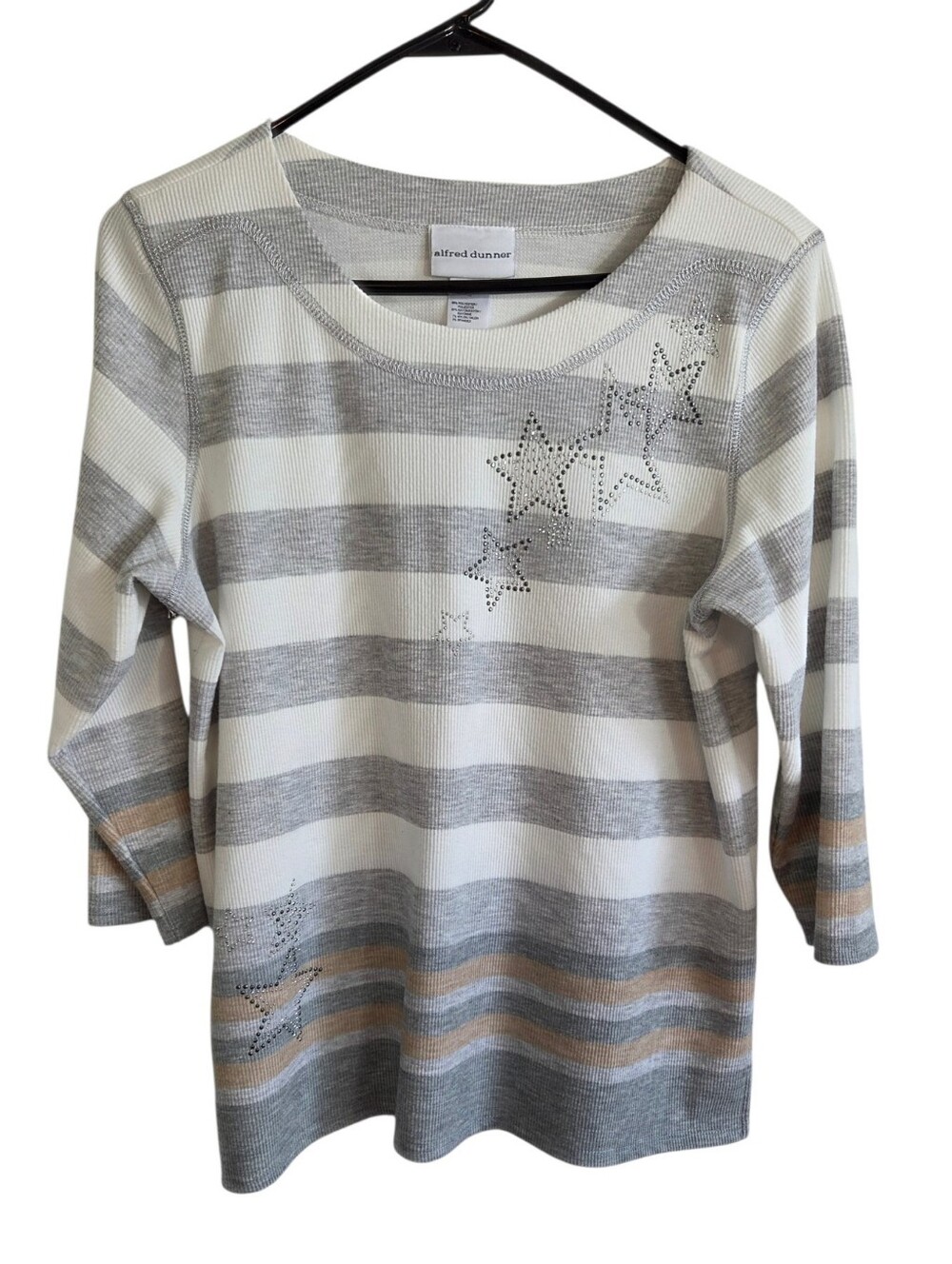 Alfred Dunner Star Embellished Stripe 3/4 Sleeve Ribbed Top Size M ~ Pre-Owned